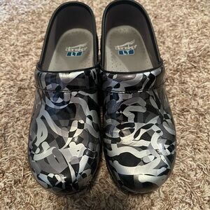 Dansko Black & Silver Abstract Slip-On Clogs